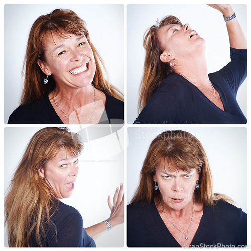 Image of My changing moods. Composite shot of a woman making various facial expressions.