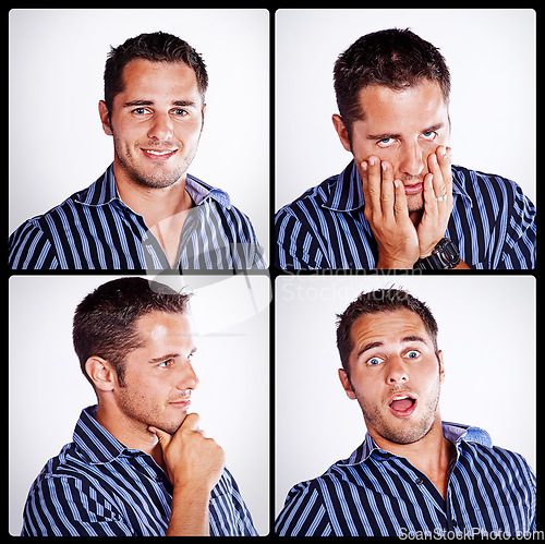 Image of His face says it all. Composite shot of the many expressions of people.