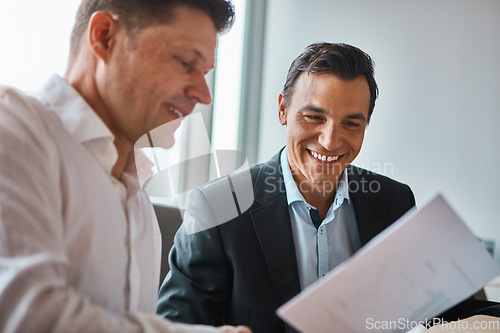 Image of I like this proposal. two mature businessmen discussing paperwork in a corporate office.