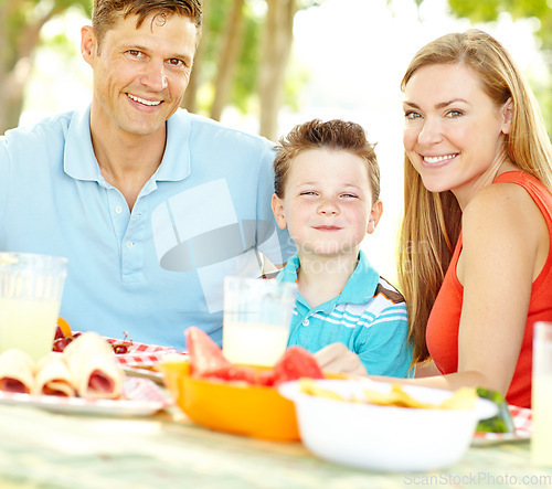 Image of Nothing beats a family picnic. A happy young family relaxing in the park and enjoying a healthy picnic.