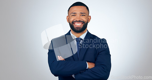 Image of Portrait, confident and corporate businessman in studio with smile, pride and professional startup entrepreneur. Happy man, business owner or office consultant with arms crossed on white background.