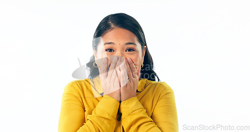 Image of Wow, news and hands on face of woman excited in studio for feedback, results or review on white background. Omg, portrait and winner with surprise emoji for announcement, lottery or competition prize