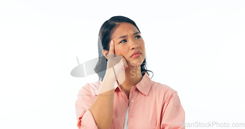 Image of Confused, thinking and asian woman in studio for brainstorming, solution or memory on white background. Why, idea and female model with questions, emoji or problem solving, doubt or planning gesture