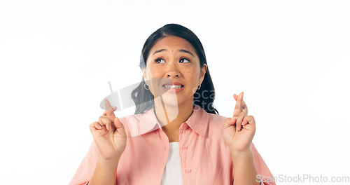 Image of Hope, excited and woman with fingers crossed, winning and faith isolated on a white studio background. Person, girl and model with hand gesture, emoji and optimism with wish, mockup space or giveaway