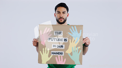 Image of Man, future and environmental earth poster for social justice or human rights, studio or white background. Male person, portrait and climate change or planet help, pollution protest on cardboard sign