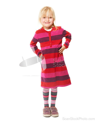 Image of Confident, girl and portrait of child with fashion, style and smile in white background of studio. Happy, face and kid with hands on hips, relax and excited for kindergarten in pink dress or outfit