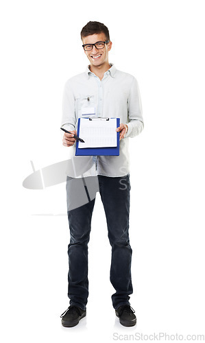 Image of Clipboard, sign up and portrait of man with document, report or technician with checklist in white background. Studio, technical support and geek smile with pen for signature, logistics or paper