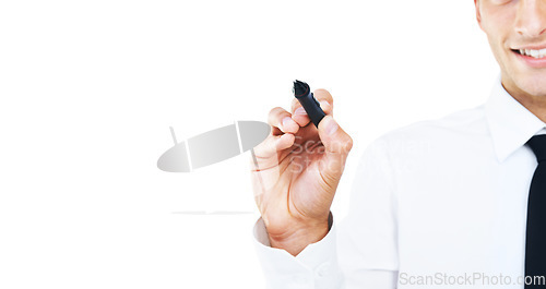 Image of Pen, marker and hand of man writing in white background, studio and invisible whiteboard. Businessman, planning and notes for strategy, problem solving and working with ideas inspiration in backdrop