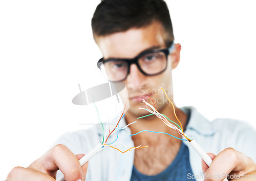 Image of Electrician, working and man with cables, test and and check for power in white background. Studio, technician or electricity, wires and maintenance of connection, technology or hardware closeup