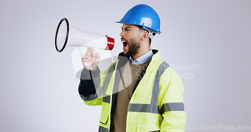 Image of Construction, angry man and megaphone for shouting in studio with mock up on white background in Mexico. Person, engineer or manager with frustrated face for loudspeaker, workplace and instruction