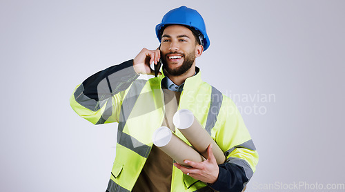 Image of Engineering, man and phone call of architecture design planning or project management communication in studio. Builder or worker for mobile chat, blueprint and construction advice on white background