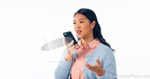 Image of Woman, communication and phone call with speaker in studio for voice app, sound translation or contact on white background. Asian model, mobile network or microphone for audio, speech or mockup space