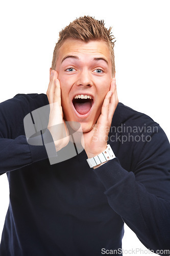 Image of Excited, man and portrait of winning a surprise, lottery and giveaway bonus in white background or studio. Happy, face or wow emoji with person screaming in shock or celebration of deal announcement