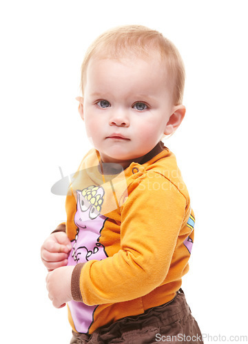 Image of Young, portrait of child and baby in studio isolated on a white background mockup space. Cute kid, infant and face of adorable blonde toddler and innocent newborn in clothes, healthy and development