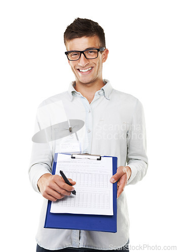 Image of Happy, man and portrait with checklist to sign for logistics, document or technical support paperwork. Technician, face and smile with clipboard, pen or signature for service in white background