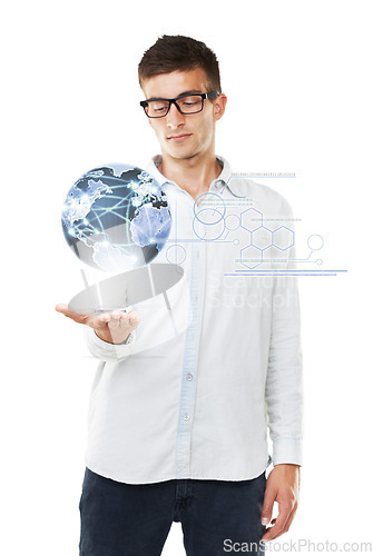 Image of Portrait, planet or man with globe hologram for development with international connection or internet. Digital world, male person or model with holographic Earth isolated on white studio background