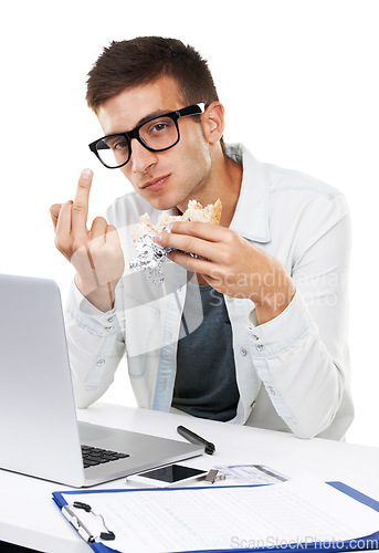 Image of Portrait of man, eating lunch and middle finger in studio isolated on a white background. Business person, sandwich and hand gesture at desk on laptop with rude sign, conflict expression and emoji