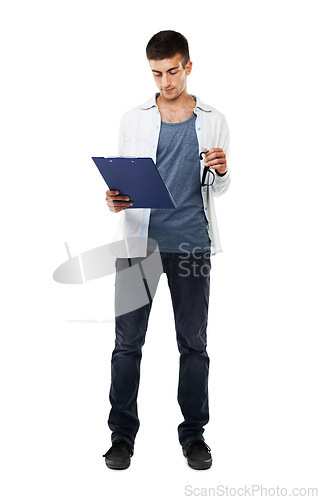 Image of It, technician and man reading a report, document or checklist for technical support error or glitch. Geek, face and clipboard for services, note or form in studio with glasses on white background