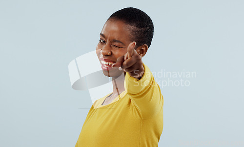 Image of Woman, portrait and hand pointing you to show winner, opportunity or success choice on a white background. Happy African person with finger to vote for winning and competition or decision in studio