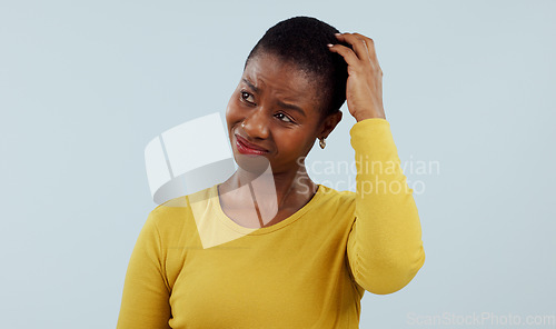 Image of Confused, thinking and black woman scratching head in studio with why, brainstorming or solution on grey background. Questions, doubt and model with emoji gesture for problem solving, how or forget