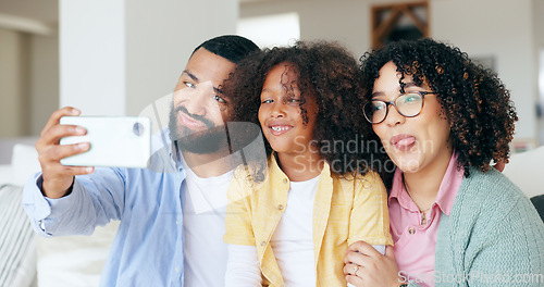 Image of Happy family in funny selfie with girl in home, bonding together for love and memory on sofa. Photography, crazy face and parents with child in living room with smile to relax with mom, dad and kid.