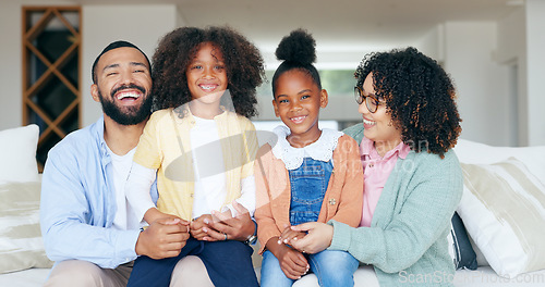 Image of Happy family in portrait with kids on sofa in home, bonding together for love or memory. Mother, father and girl children on couch in living room with trust, support or smile, relax with mom and dad