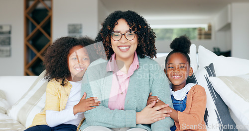 Image of Happy family, portrait of mom and kids in home, bonding together for love or memory on sofa. Support, trust and face of woman with girl children in living room with smile, relax with mother in house.