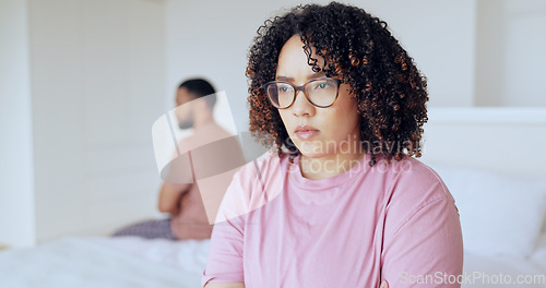 Image of Divorce, fight and couple on a bed angry, stress or frustrated, ignore or overthinking in their home. Conflict, marriage and sad people in a bedroom with cheating crisis, dispute or commitment doubt