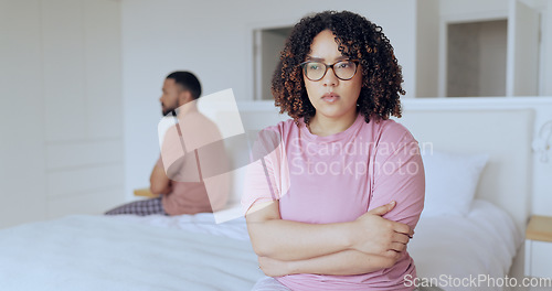 Image of Ignore, stress and divorce with couple on a bed, frustrated and conflict with anger, cheating and infidelity. Bedroom, man or woman with separation, anxiety or fighting with depression, home or toxic