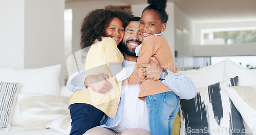 Image of Family, man and happy kids on sofa, hug and bonding together for love or memory in home. Support, trust and face of father with children in living room with smile, relax playing with dad in house.