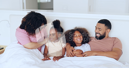 Image of Home, bed and family with parents, kids and happiness with joy, bonding together and relax with love. Mother, father and children in a bedroom, funny or laughter with peace, morning and weekend break