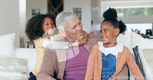 Image of Happy, hug and grandfather on sofa with children for bonding, relationship and relax at home. Family, love and young girls embrace grandpa for trust, care and affection in living room on weekend