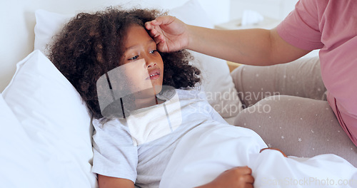 Image of Sick, children or a girl with a fever in bed to relax or recover and a parent in the home to care or check. Family, kids and an unhealthy female child in the bedroom of an apartment with an illness