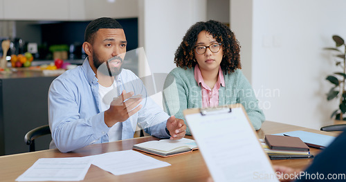 Image of Couple, married and advice for contract in home with notebook, paperwork or question. Man, woman and worried expression for discussion of legal document, compliance or insurance for future investment