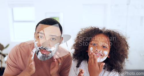 Image of Dad, son and shaving cream in portrait, bathroom and morning routine in mirror, skincare and boy. Facial, cosmetic and bonding together with parent, family home or fun for face grooming treatment