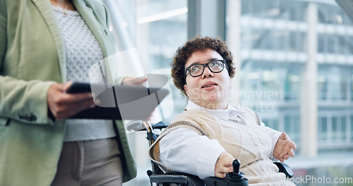 Image of Tablet, discussion and business woman in wheelchair online for meeting, planning and talking. Office building, corporate team and person with disability in corridor on digital tech for collaboration