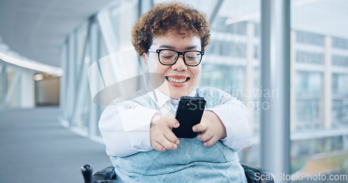 Image of Phone, office and business woman in wheelchair online for social media, networking and connection. Modern workplace, corporate and person with disability in corridor on smartphone for mobile app
