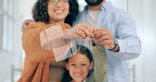 Image of New home, keys and portrait of parents and child excited for house, property investment and moving. Family, happy and mother, father and young girl for mortgage, rental and real estate purchase