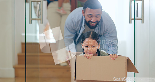 Image of Dad with child in box, moving and playing in new home with property mortgage, future opportunity and fun. Games, happy father and playful daughter together in apartment, real estate and cardboard.
