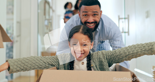 Image of Father, daughter and playing in box of new home with happiness, fun and bonding for relocation in hallway. Family, man and girl kid in cardboard for celebration or freedom in real estate or apartment