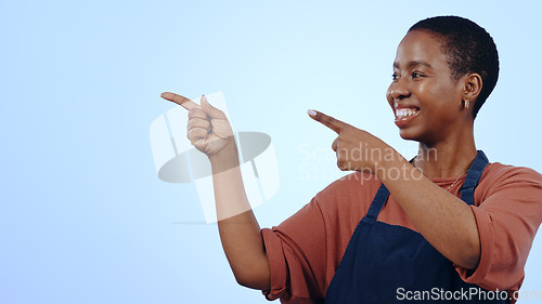 Image of Woman, cafe and pointing for presentation in studio with hands, announcement or advertising space in smile. Black person, face or happy for marketing, showing deal or discount with pride on mock up