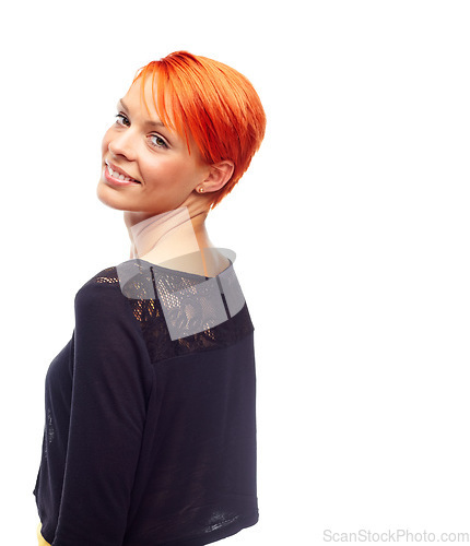 Image of Woman, smile and redhead with fashion, face and stylish for cool, trendy and edgy hairstyle. Punk, over the shoulder and happy with body language, funky and youth on white background with short hair