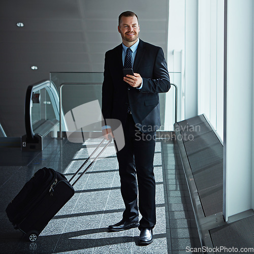 Image of Social media, thinking or business man in airport with phone, luggage or suitcase for travel booking. Happy, entrepreneur or corporate worker texting to chat on mobile app on international flight