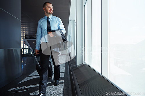 Image of Walking, flight or business man in airport thinking of company trip with suitcase or luggage for commute. Happy, window or corporate worker in hallway for journey or international travel with pride