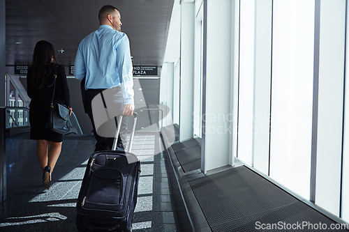 Image of Flight, walking or back of business people in airport with suitcase, luggage or baggage on company trip. Hall, plane or corporate workers in lobby on a global journey on international travel together