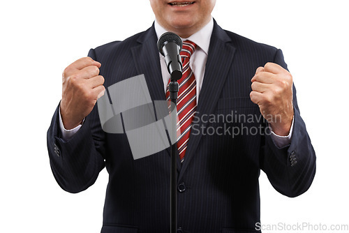 Image of Microphone, speaker and hands of business man on a white background for presentation, speech and seminar. Debate, public speaking and politician for conference, convention and talking in studio