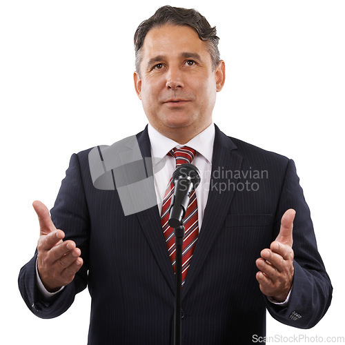 Image of Microphone, speech and business man on a white background for presentation, speaker and seminar. Professional, public speaking and worker talking for conference, tradeshow and communication in studio