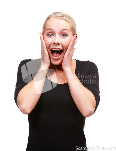 Image of Wow, news and hands on face of woman in studio excited for deal, announcement or information on white background. Omg, surprise or portrait of lady model with emoji shock gesture for feedback results