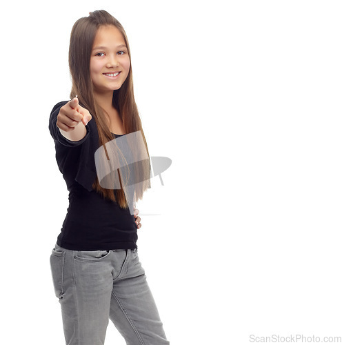 Image of Teenager, portrait and pointing in studio for winner or we want you, join us or announcement. Child, face as hand gesture for opportunity deal or recruitment or invitation, mockup at white background