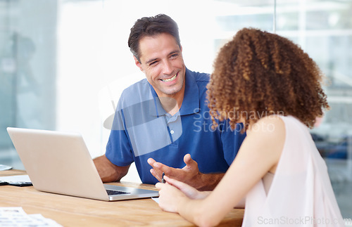 Image of Colleagues, smile and laptop for meeting, office or discussion to plan, strategy or network. Financial manager, man and woman for company, feedback and working for employee, job and conversation